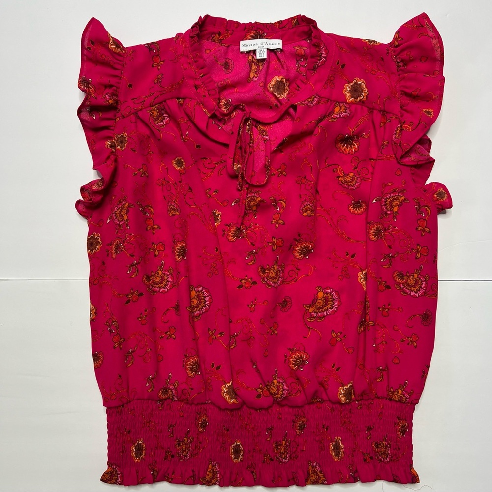 Maison D’Amelie Floral Paisley Hot Pink Ruffle Sleeve Top Blouse Size S Small